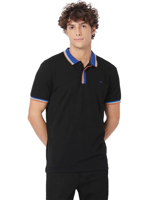 mufti black cotton slim fit polo t-shirt