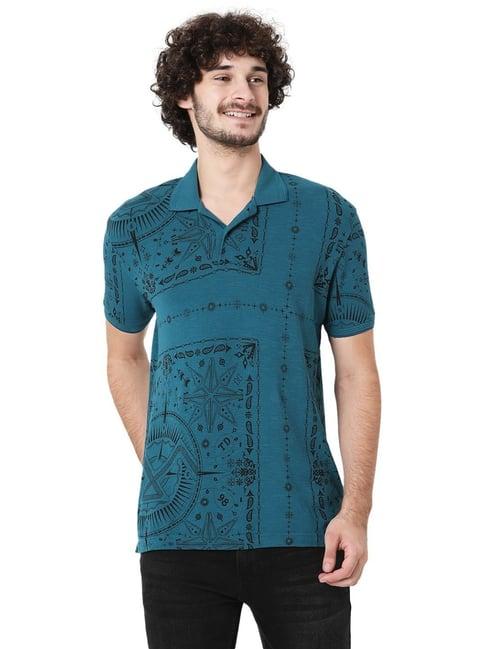 mufti blue cotton slim fit printed polo t-shirt