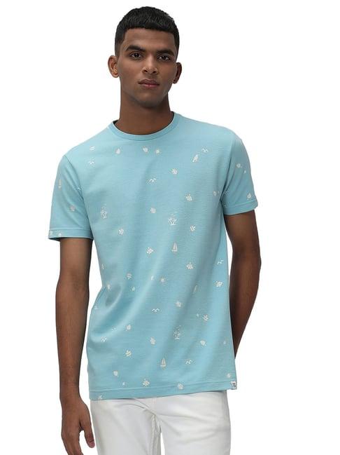 mufti blue slim fit printed crew t-shirt