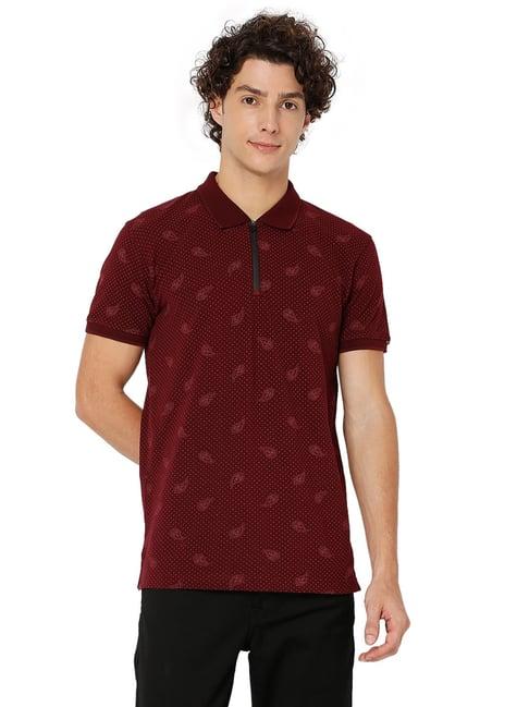 mufti burgundy slim fit printed cotton polo t-shirt