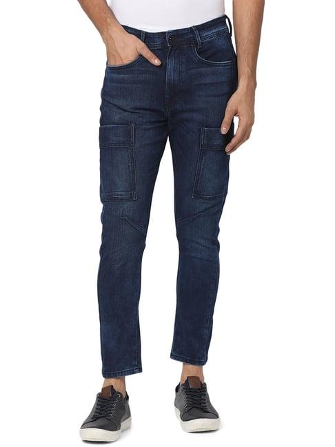 mufti dark blue carrot fit lightly washed jeans