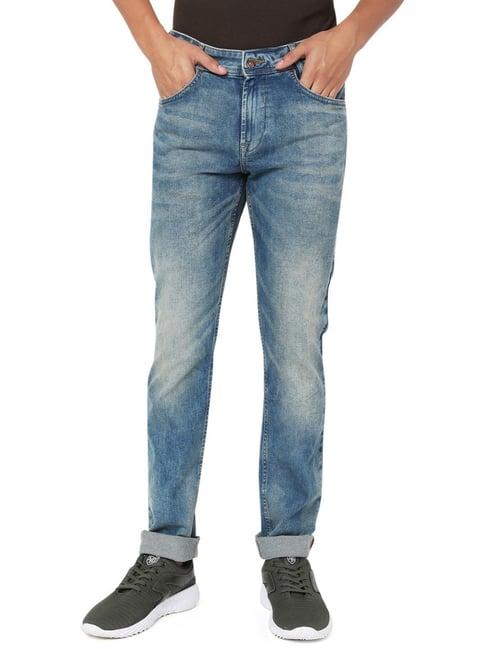 mufti dark blue cotton slim fit jeans