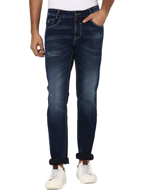 mufti dark indigo super slim fit lightly washed distressed jeans