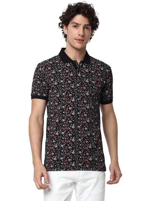 mufti dark navy slim fit floral print cotton polo t-shirt