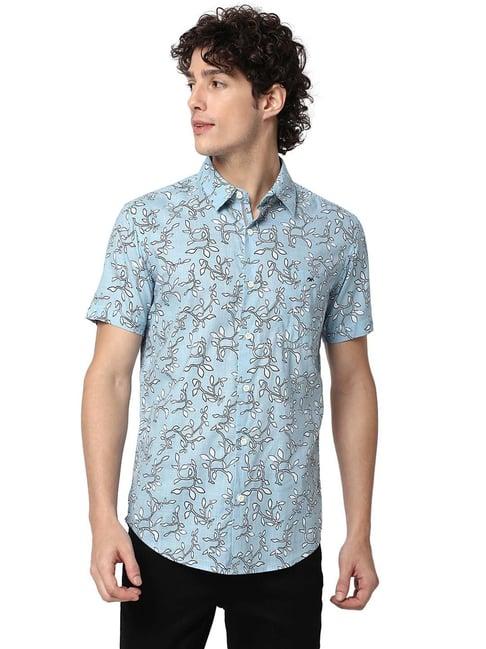 mufti light blue slim fit printed cotton shirt