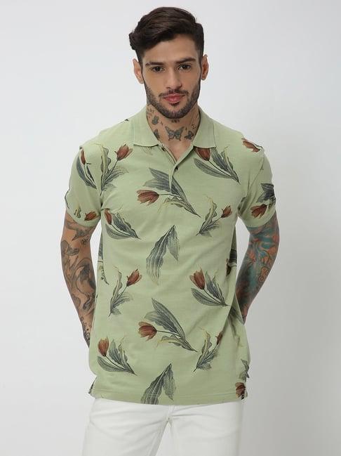 mufti light olive slim fit floral print cotton polo t-shirt