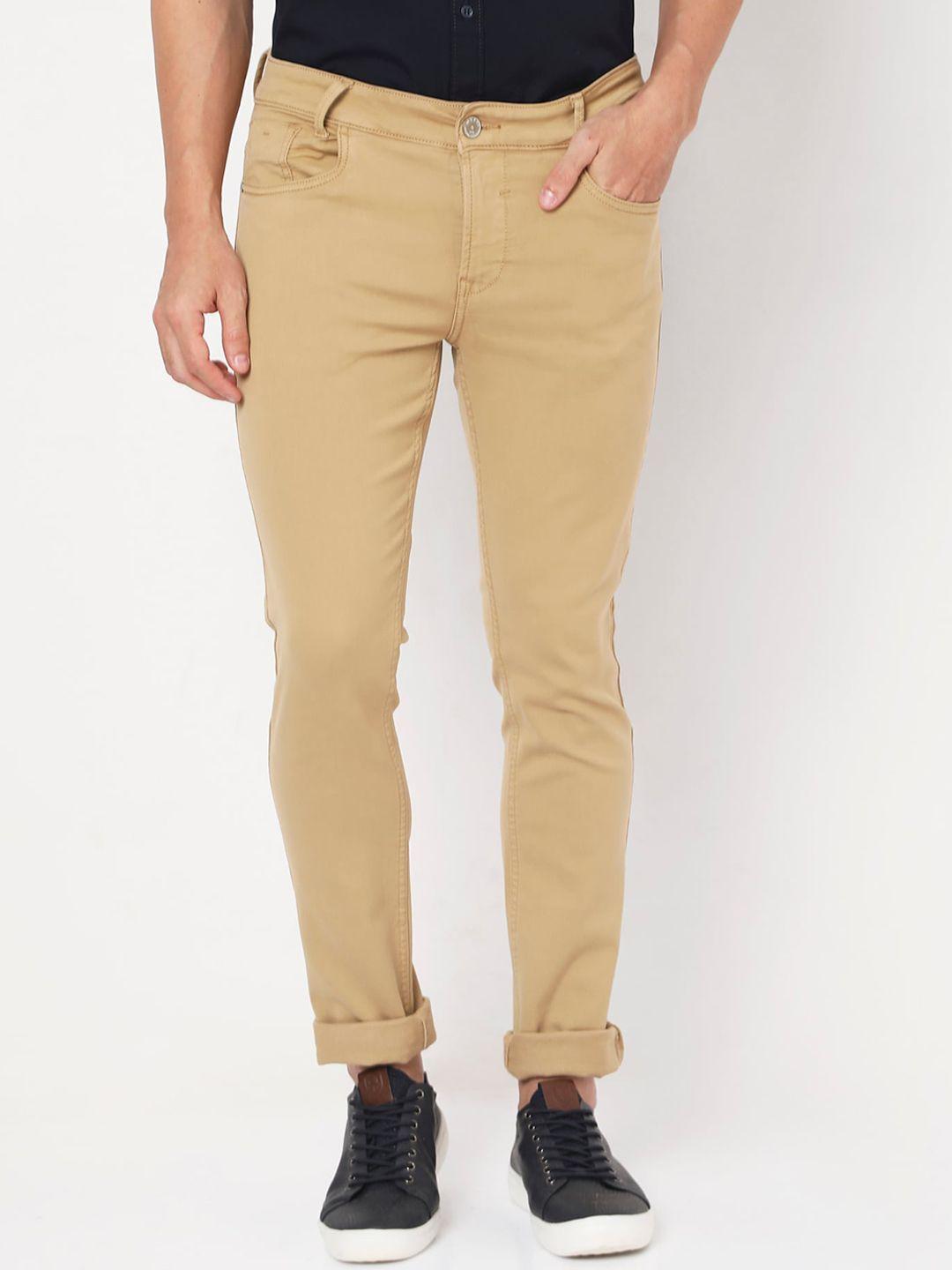 mufti men beige solid slim fit trousers