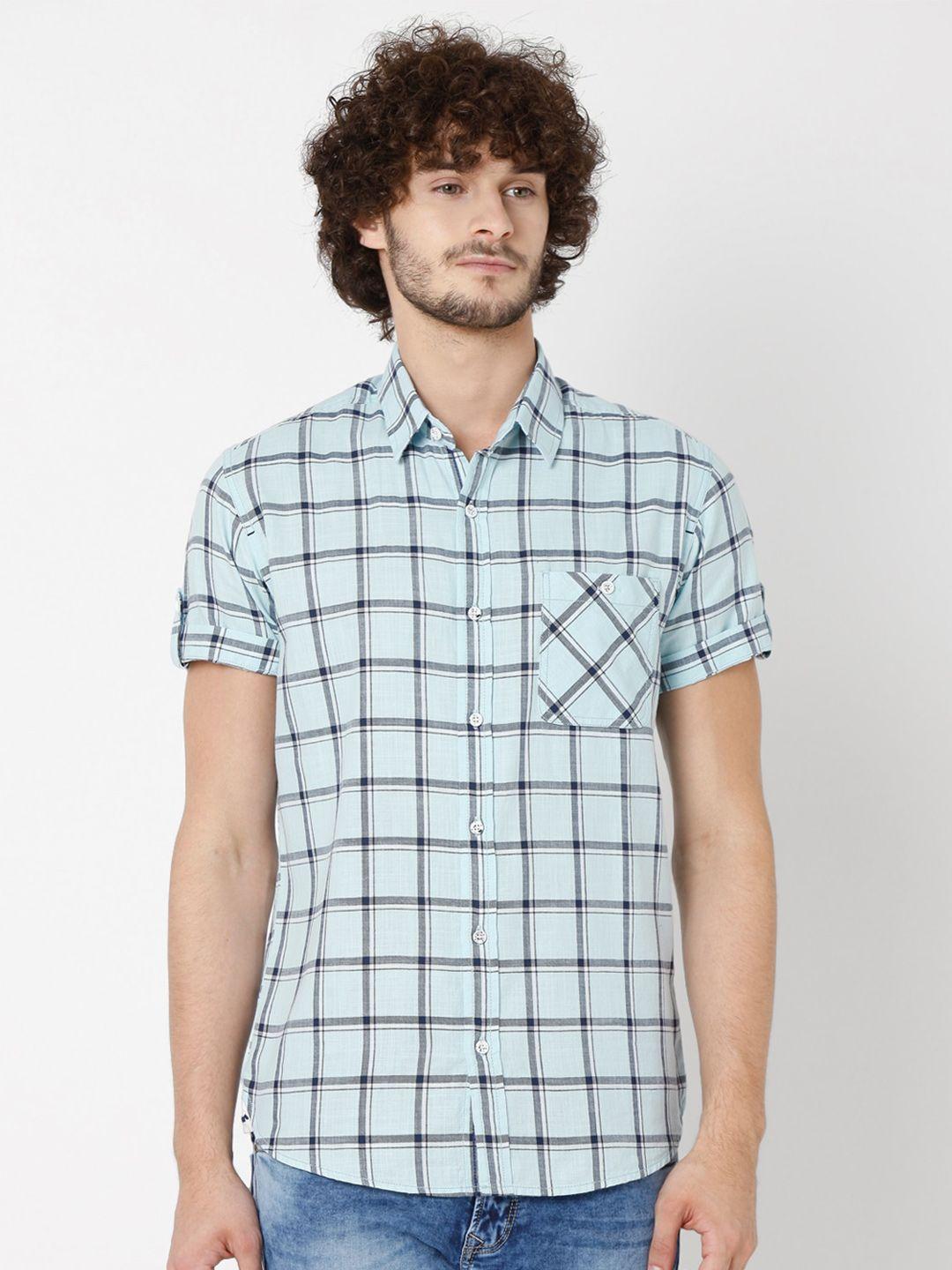 mufti men blue slim fit checked cotton casual shirt