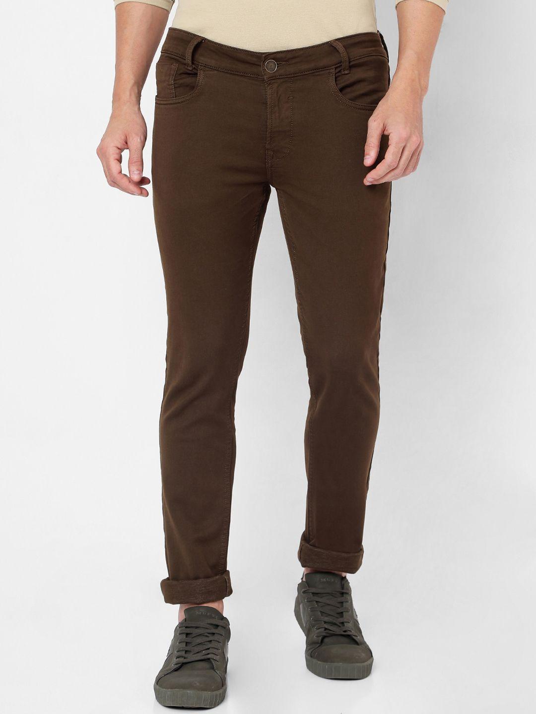 mufti men brown solid slim fit trousers