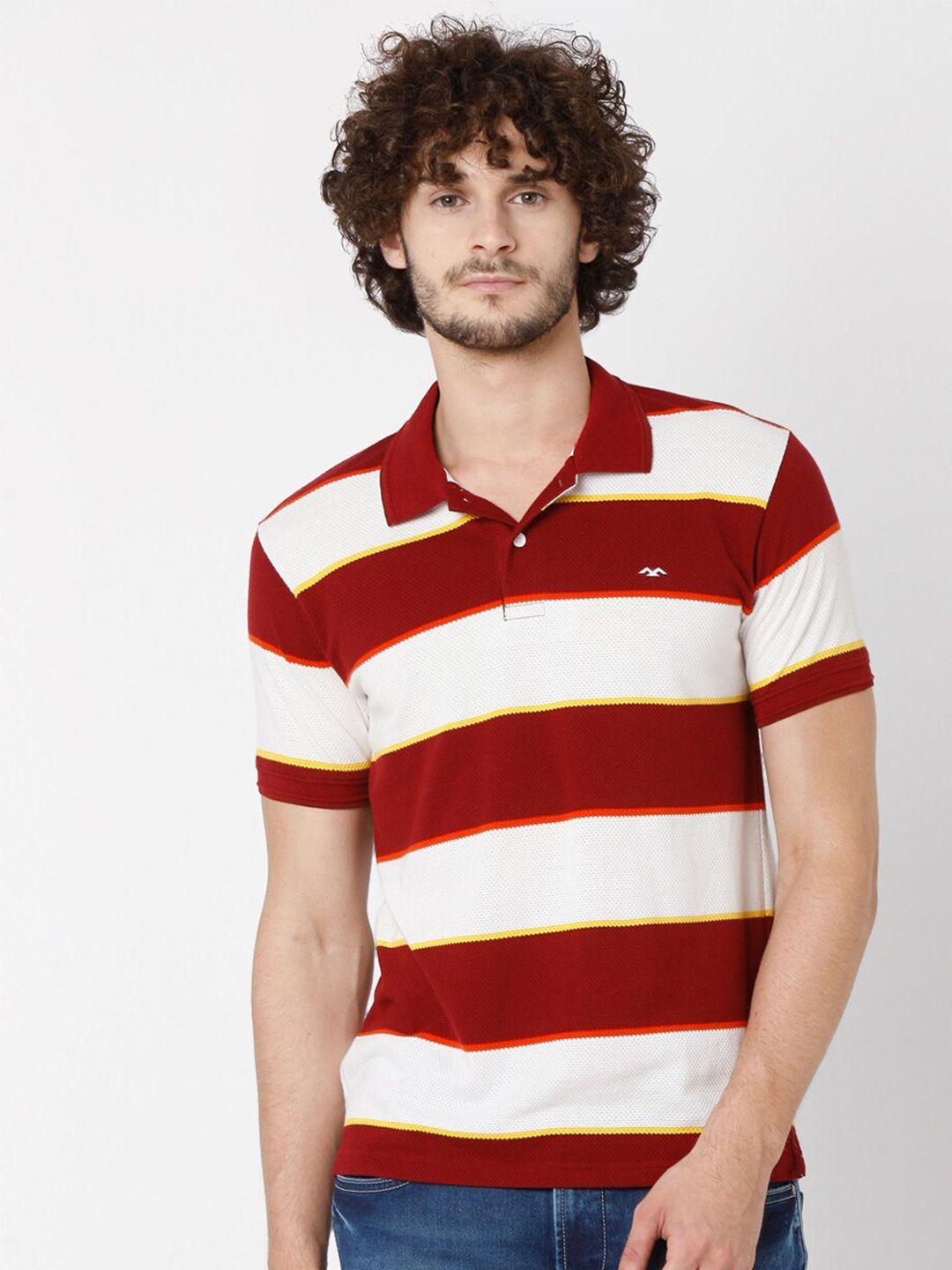 mufti men maroon & cream-coloured striped polo collar slim fit t-shirt