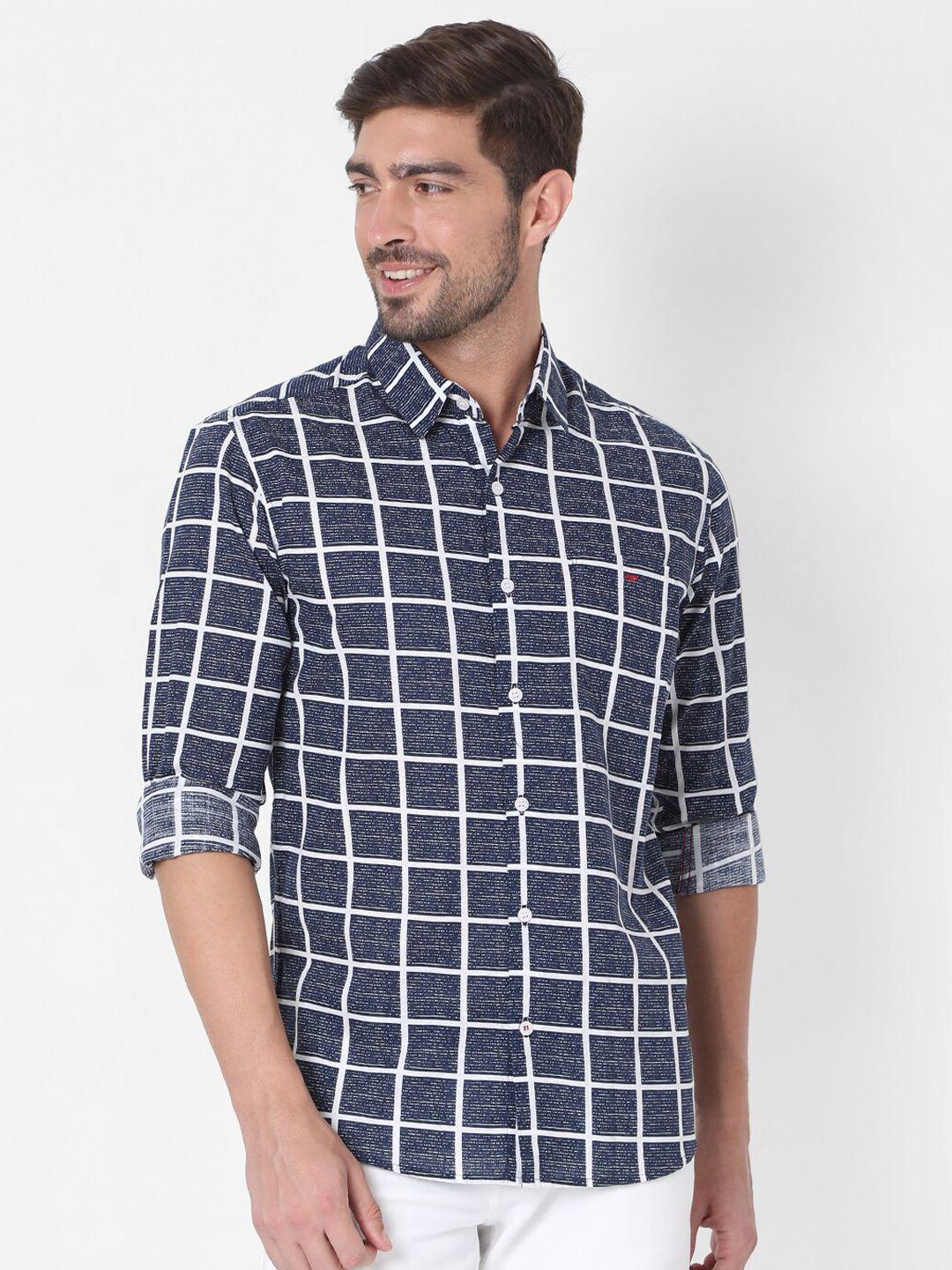 mufti men navy blue & white slim fit checked cotton casual shirt