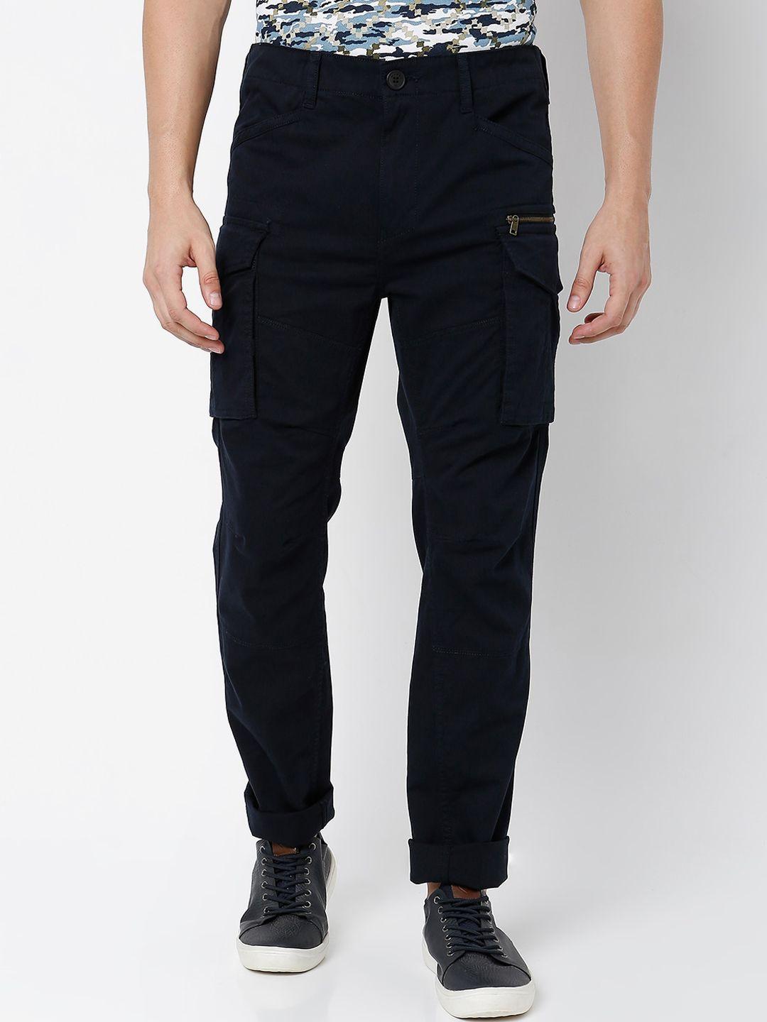 mufti men navy blue relaxed loose fit cargos trousers