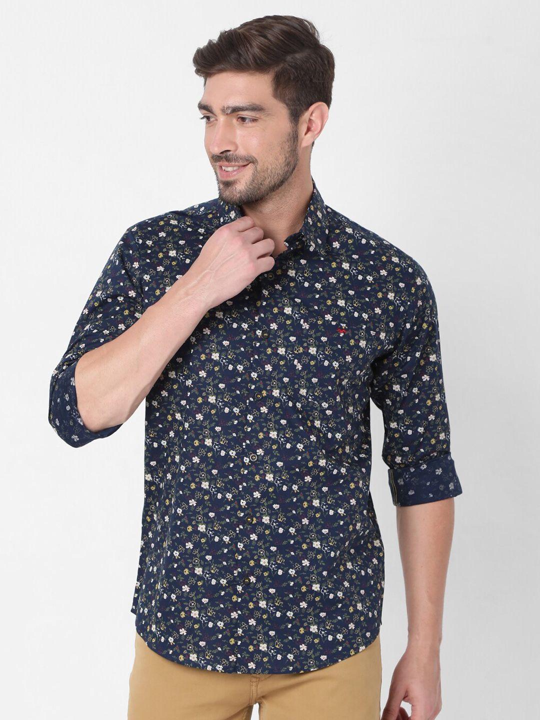 mufti men navy blue slim fit floral printed casual shirt