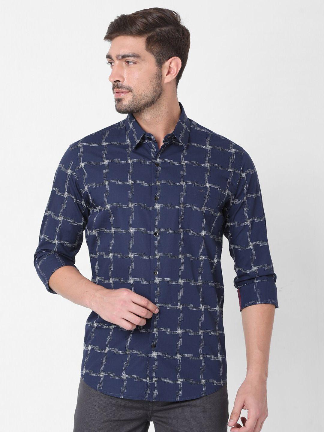 mufti men navy blue slim fit windowpane checked cotton casual shirt