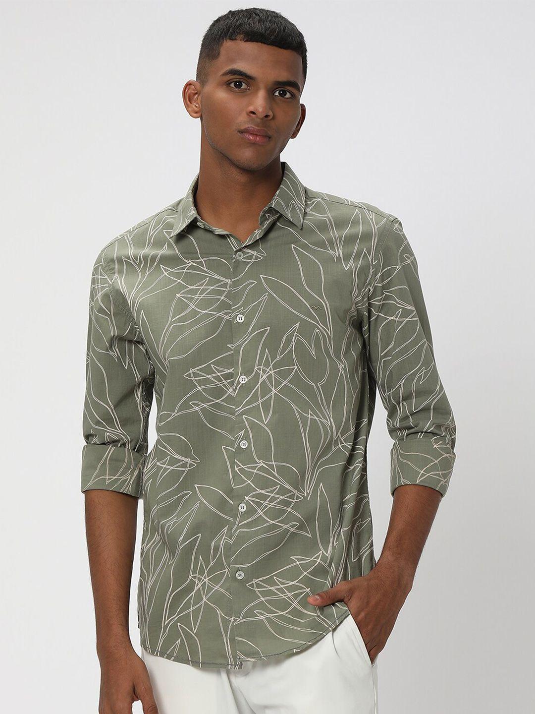 mufti men olive green slim fit floral opaque printed casual shirt