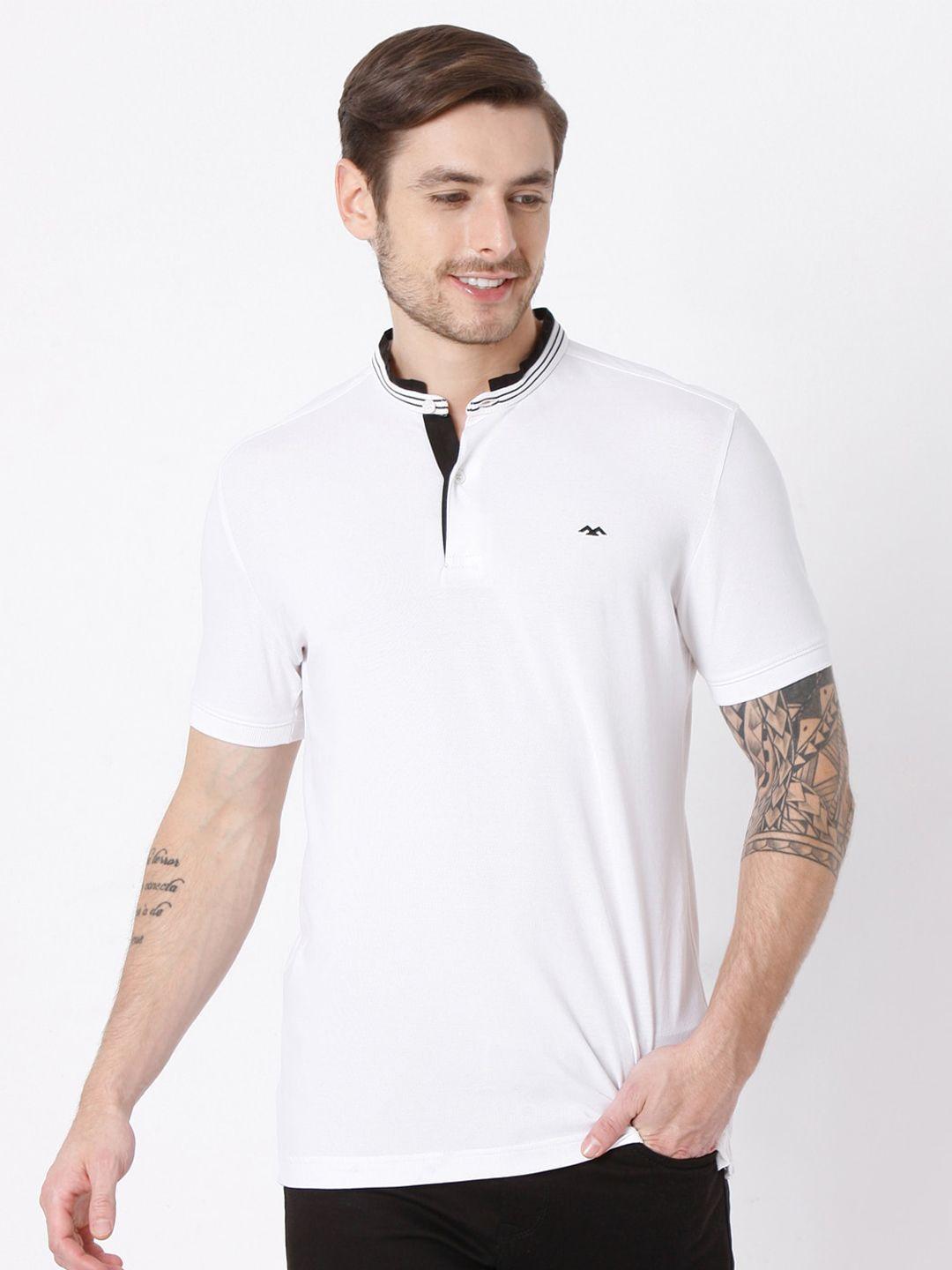 mufti men white mandarin collar cotton slim fit t-shirt