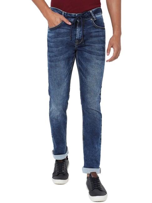 mufti mid blue cotton slim fit jeans