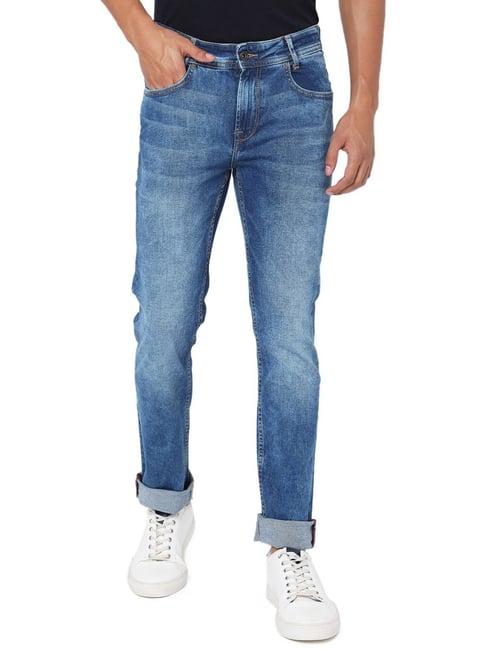 mufti mid blue cotton slim fit jeans