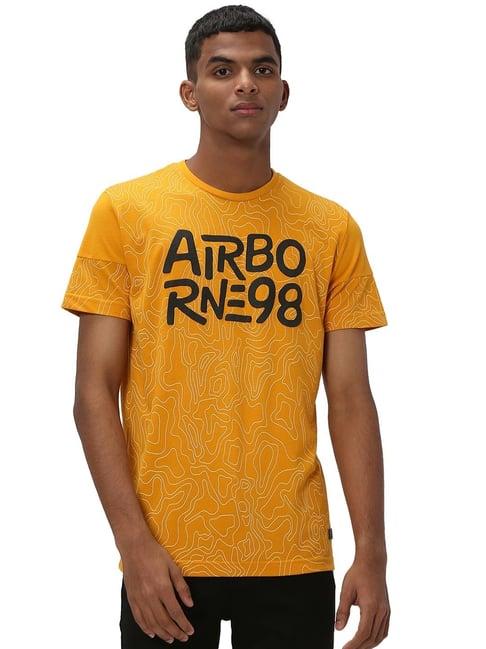 mufti mustard slim fit printed cotton crew t-shirt