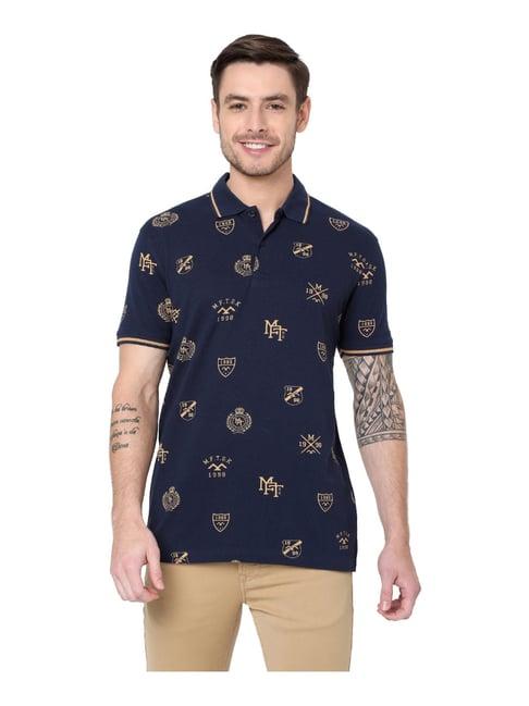 mufti navy cotton slim fit printed polo t-shirt