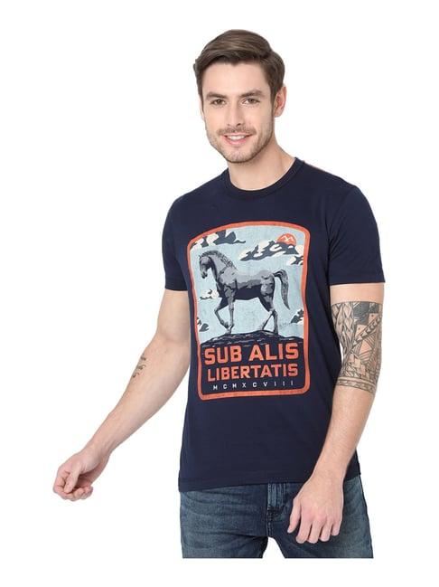 mufti navy cotton slim fit printed t-shirt