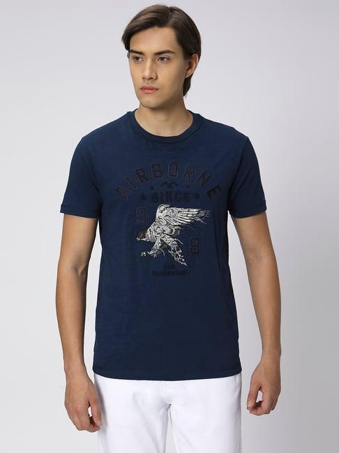 mufti navy slim fit embroidered cotton crew t-shirt