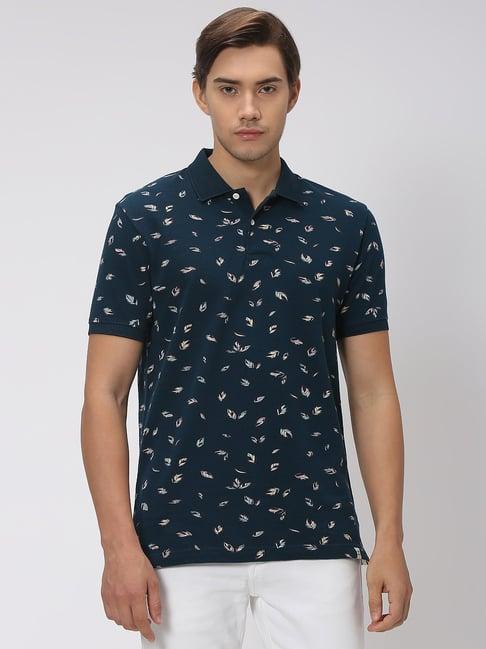 mufti navy slim fit printed cotton polo t-shirt