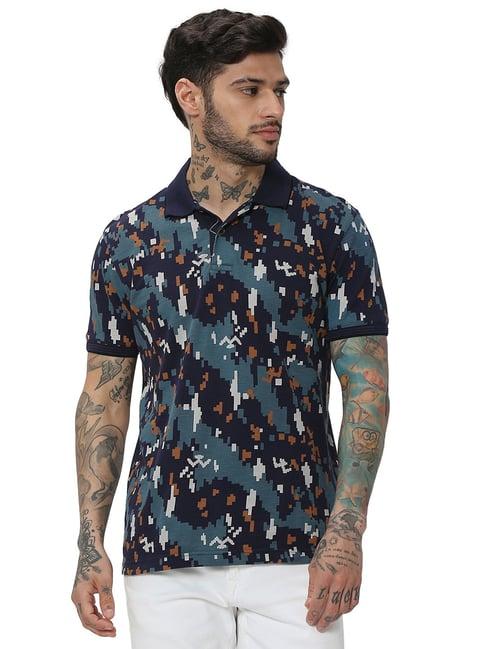 mufti navy slim fit printed cotton polo t-shirt