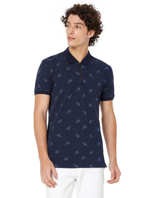 mufti navy slim fit printed cotton polo t-shirt