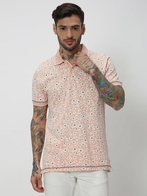 mufti peach slim fit floral print cotton polo t-shirt
