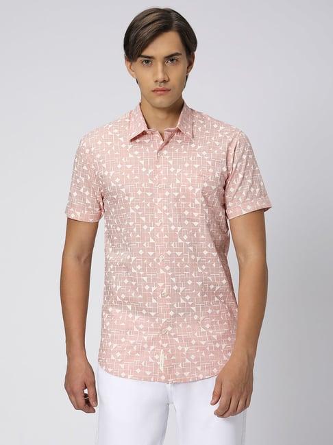 mufti pink slim fit printed cotton linen shirt