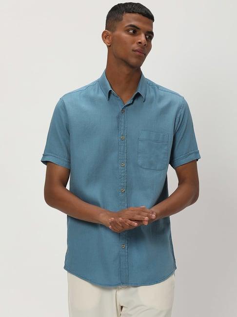 mufti teal blue slim fit textured cotton linen shirt