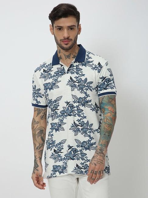 mufti white slim fit floral print cotton polo t-shirt