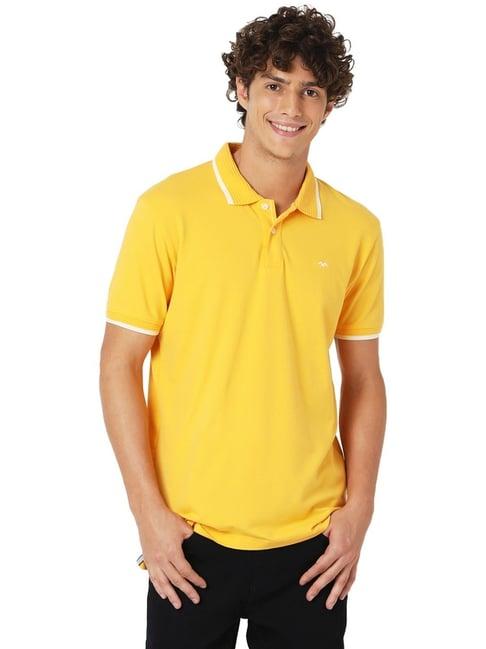 mufti yellow cotton slim fit texture polo t-shirt