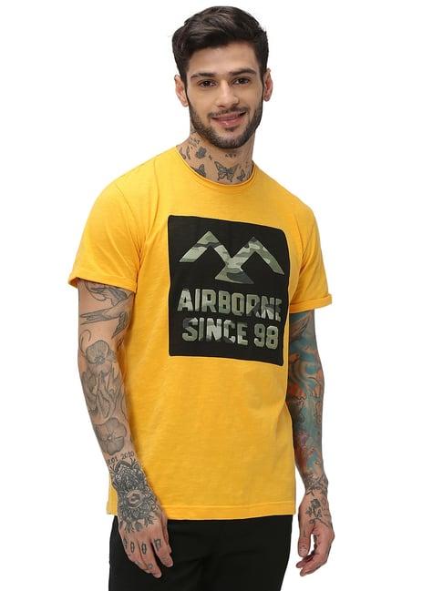 mufti yellow slim fit graphic print cotton crew t-shirt