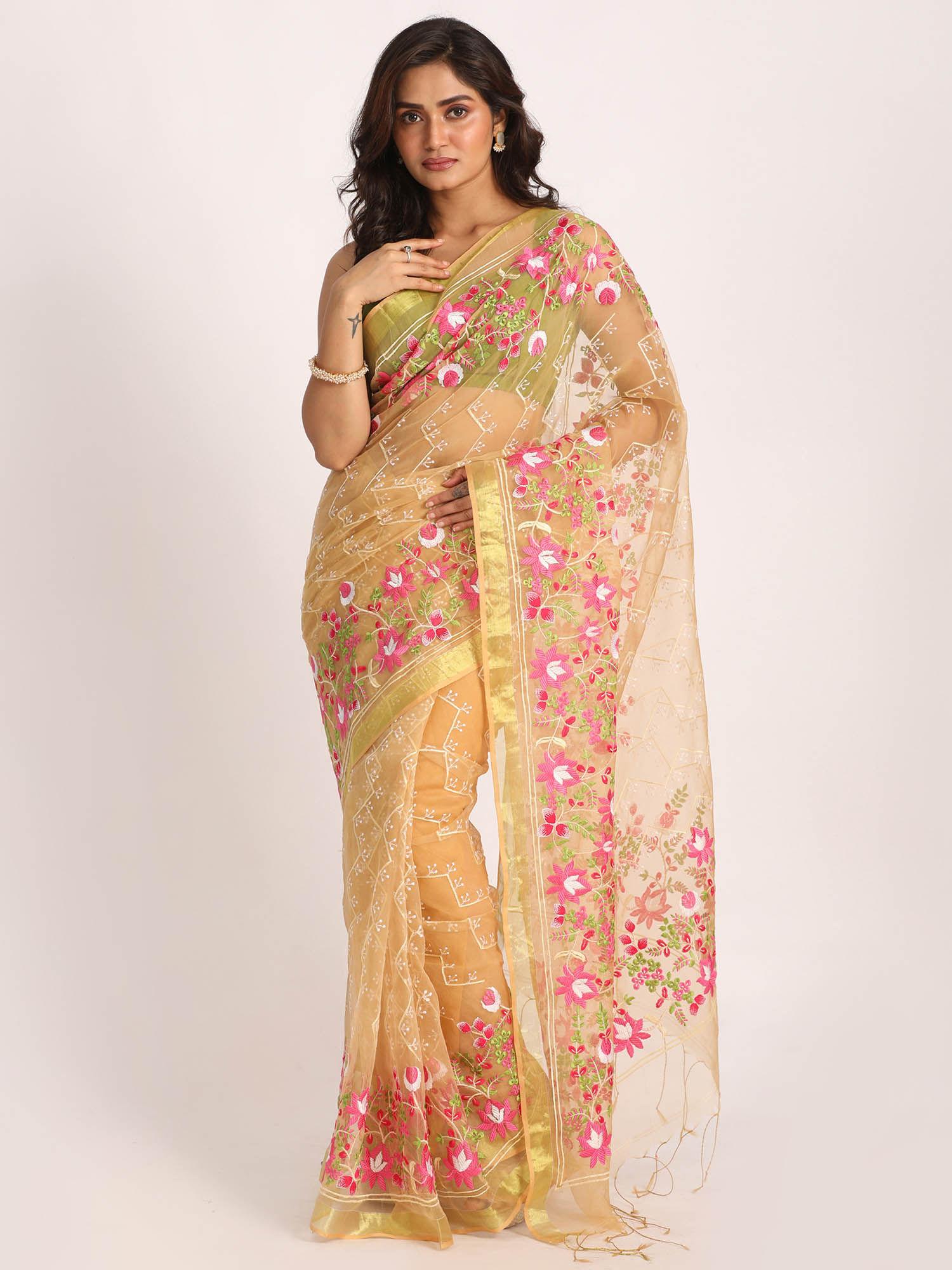 muga art silk muslin handloom embroidery saree with unstitched blouse