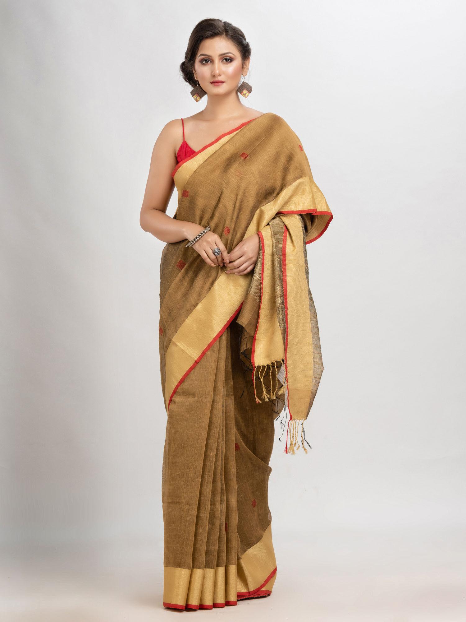 muga silk blend linen with solid border jamdani saree with unstitched blouse