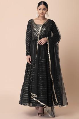 mukaish and sequinned anarkali suit set with churidar and dupatta - black