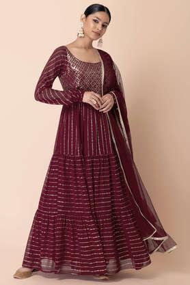 mukaish and sequinned anarkali suit set with churidar and dupatta - maroon