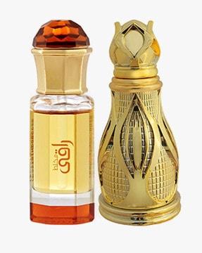mukhallat raaqi concentrated perfume oil floral fruity alcohol-free attar for unisex and khofooq concentrated perfume oil woody oudhy alcohol-free attar for unisex + 2 parfum testers