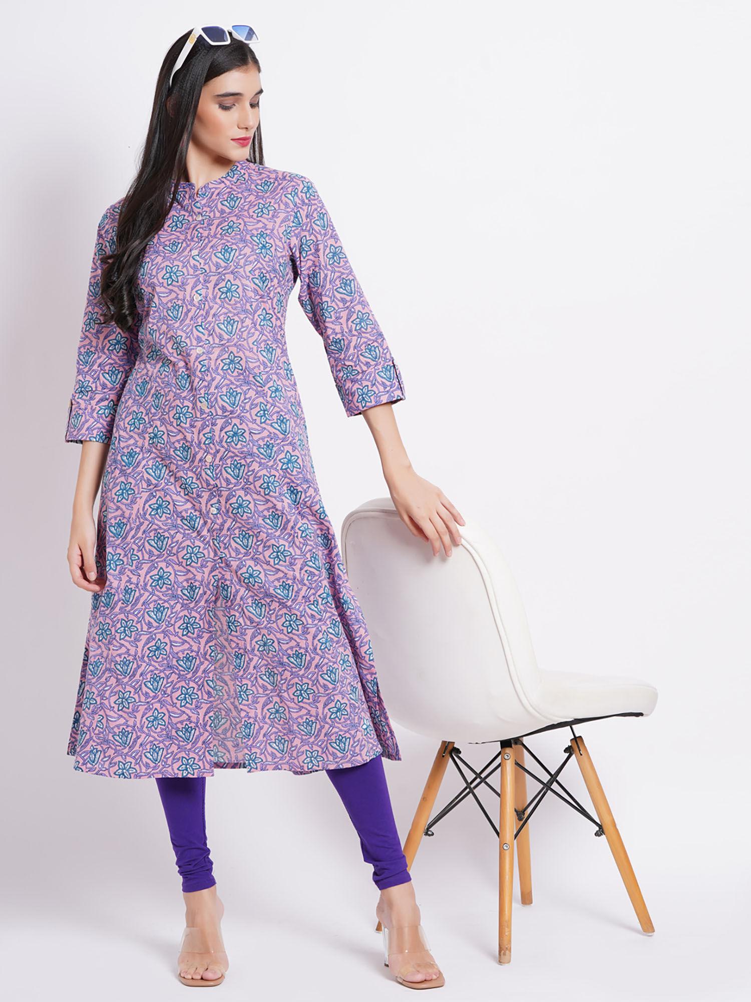 mul cotton printed a-line day out pink kurti embellished with button details