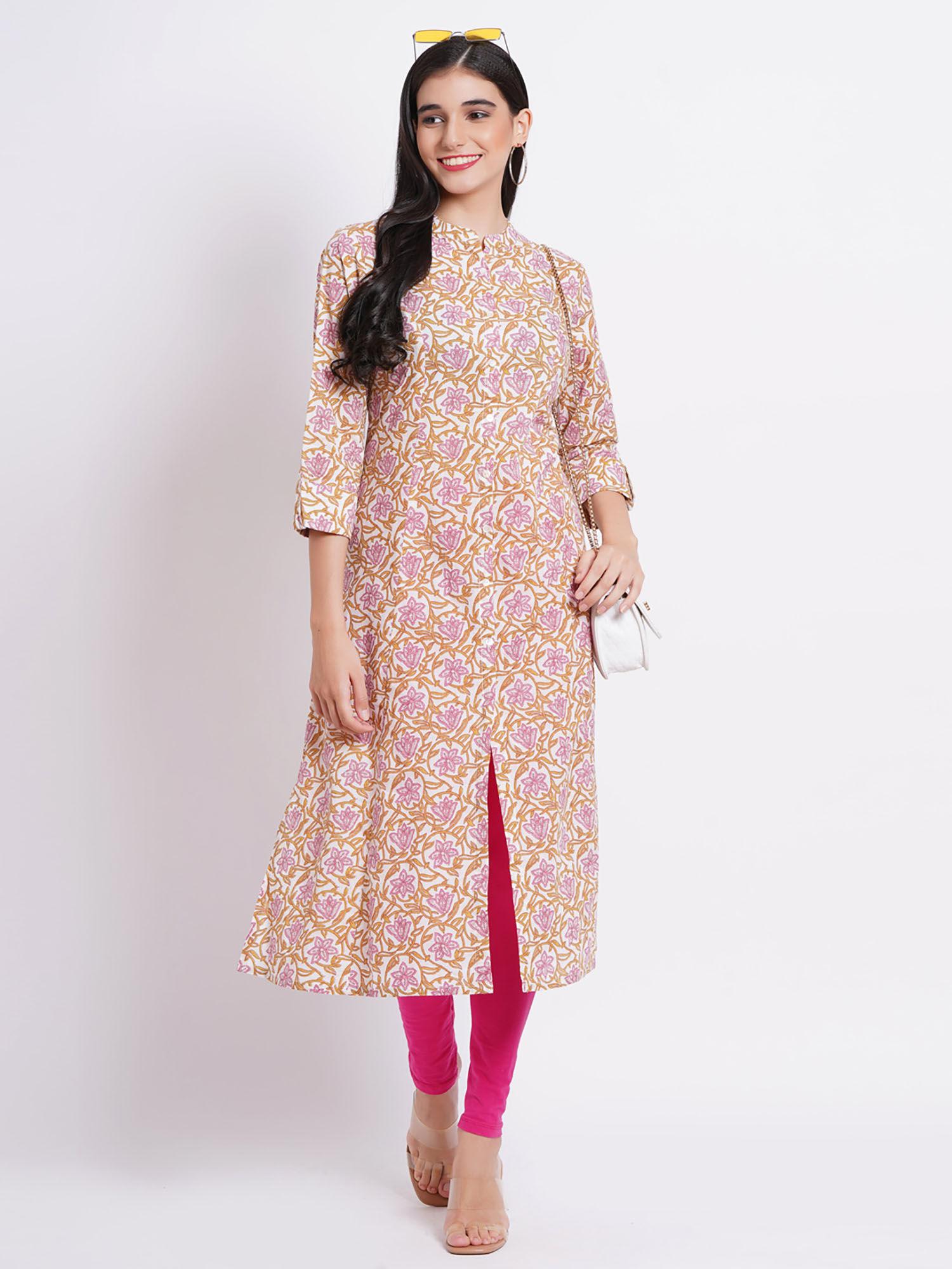 mul cotton printed a-line day out white kurti embellished with button details