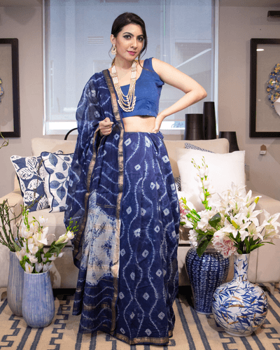 mulan blue handblock chanderi silk saree