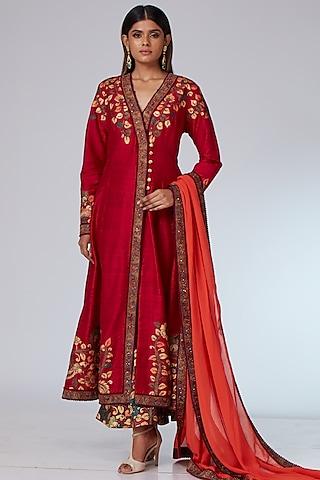 mulberry red raw silk jacket anarkali set