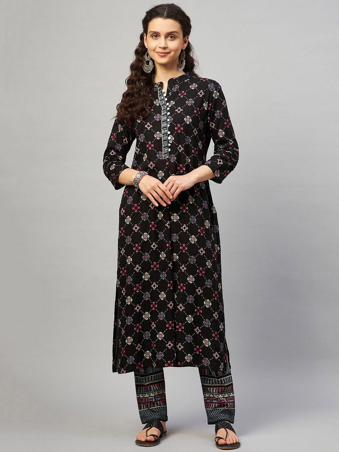 mulmul by arabella women black ethnic motifs printed kurta with trousers