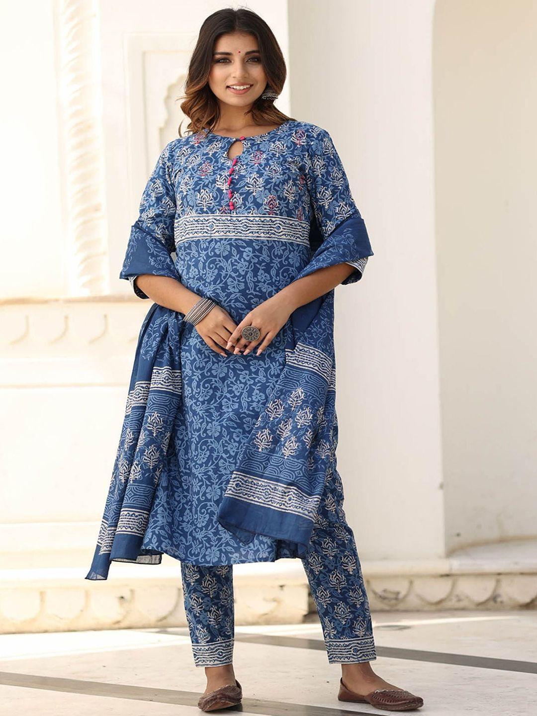 mulmul by arabella women blue floral printed pure cotton kurta with trousers & dupatta