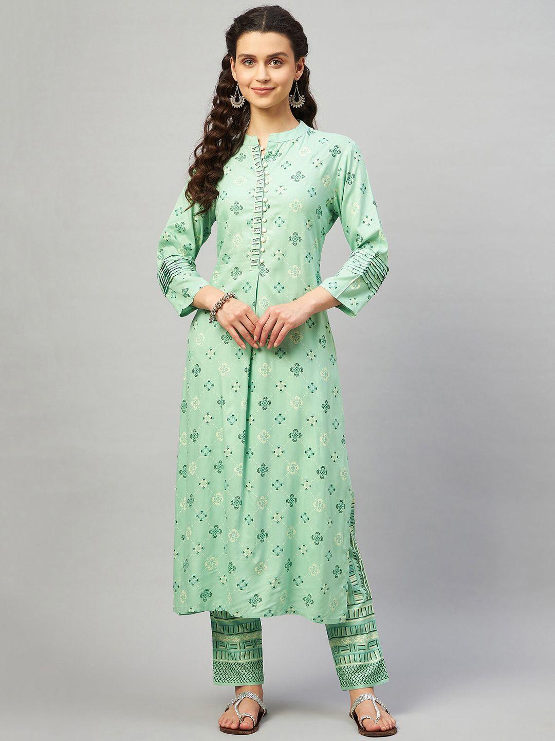 mulmul by arabella women green printed sequinned kurta with trousers