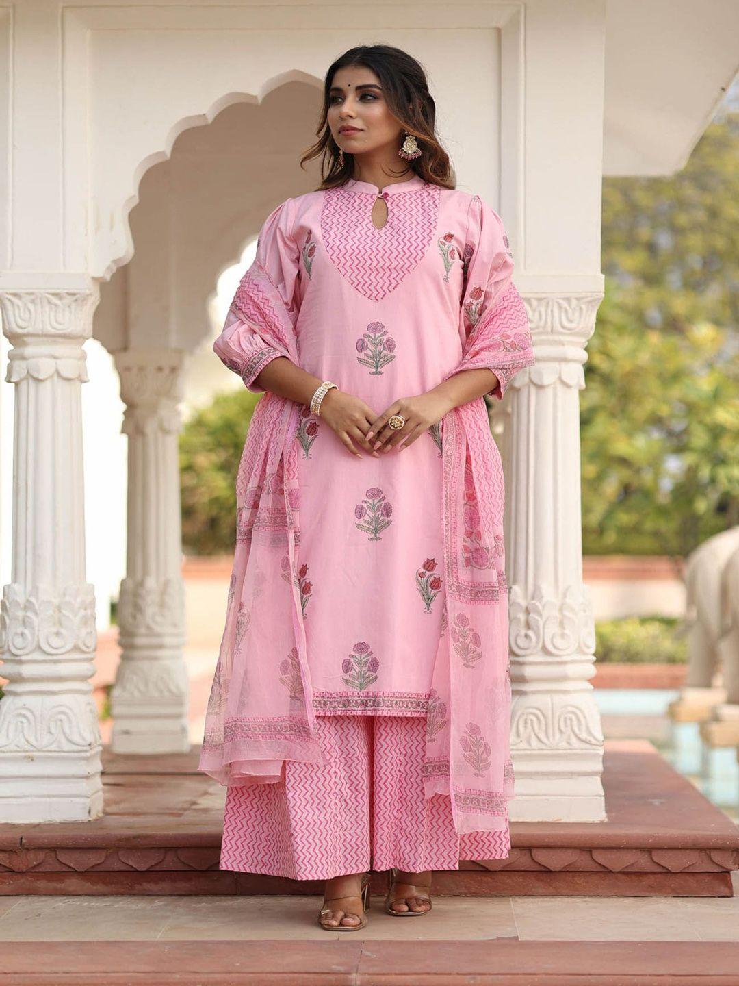 mulmul by arabella women pink floral printed pure cotton kurta with palazzos & with dupatta