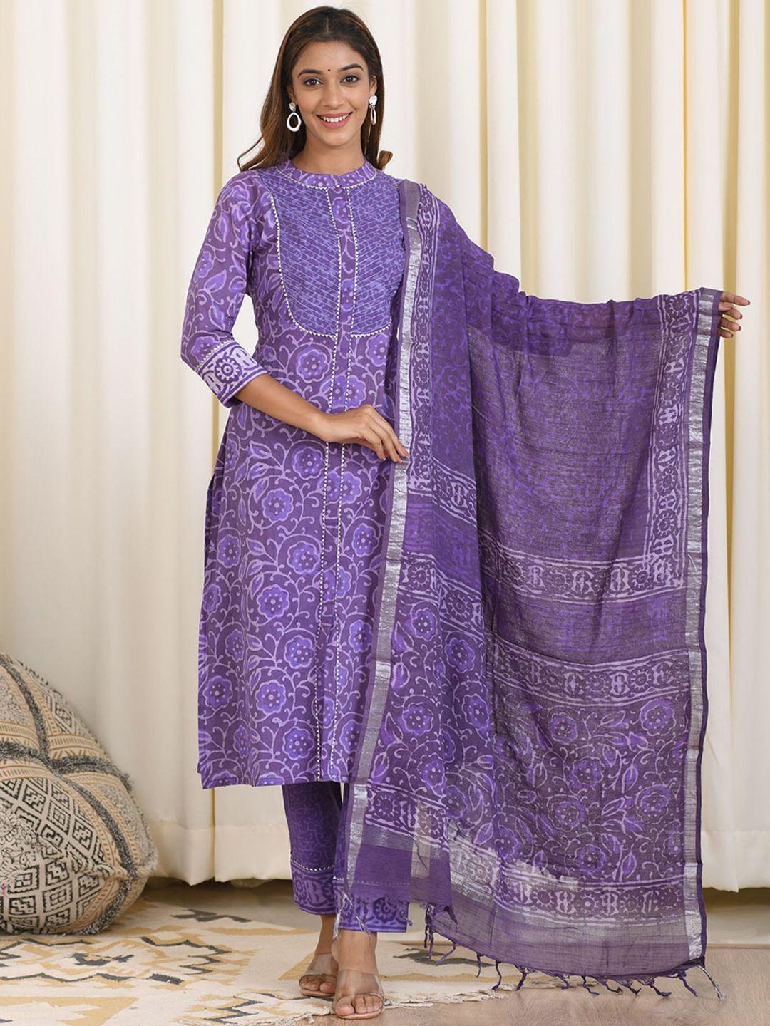 mulmul by arabella women purple floral printed pure cotton kurta with trousers & with dupatta
