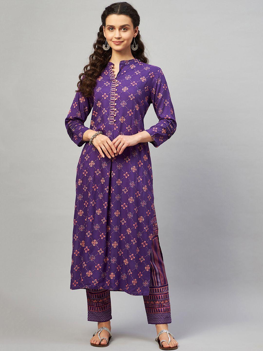 mulmul by arabella women purple printed sequinned kurta with trousers
